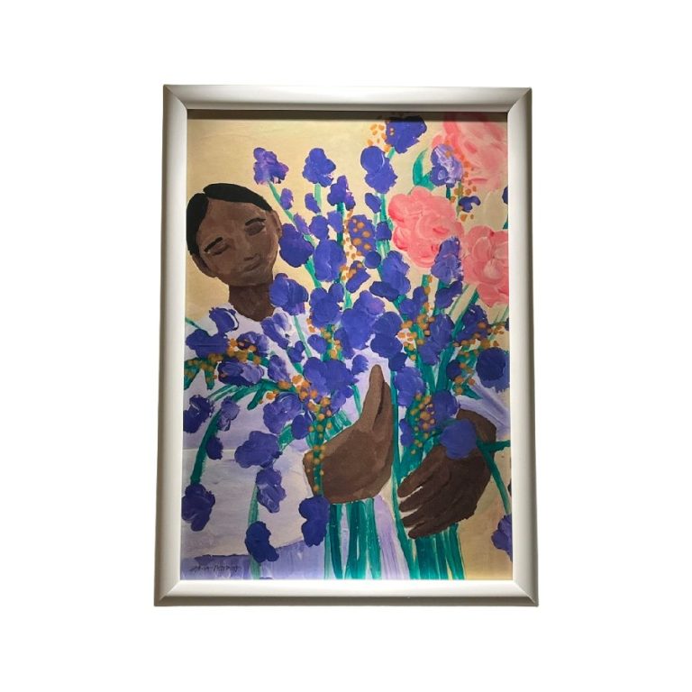 تابلو دختر و دسته گل قاب سفید