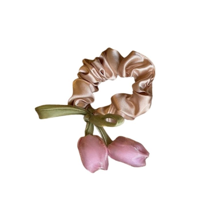 کش مو ساتن کرم با گل صورتی